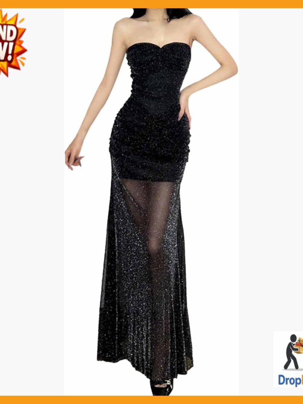 Sparkly Glitter Strapless Tube Maxi Dress Mesh Elegant Party Cocktail Wedding